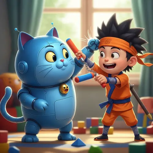 Doraemon vs. Naruto: Playful Robot Cat & Ninja Fight