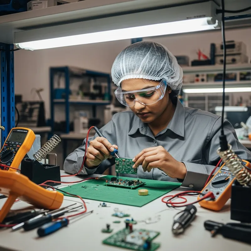 South Asian Woman Assembling Tiny Circuit Board in Workshop