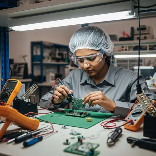 Professional Woman Assembling Tiny Circuit Board in Workshop