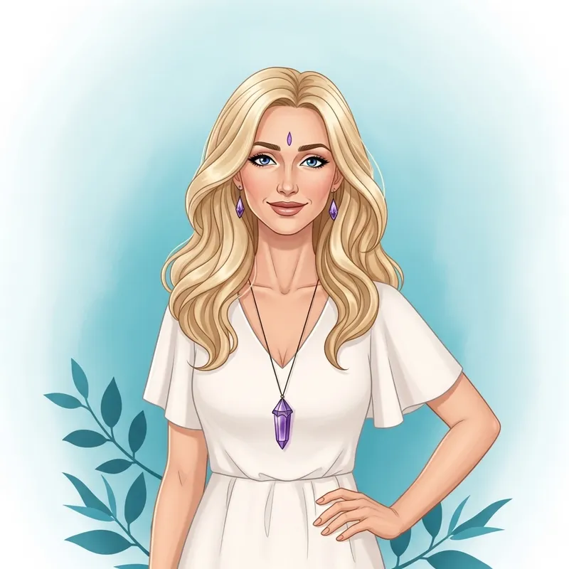 Elegant Blonde Woman with Blue Eyes, Friendly Smile, and White Dress