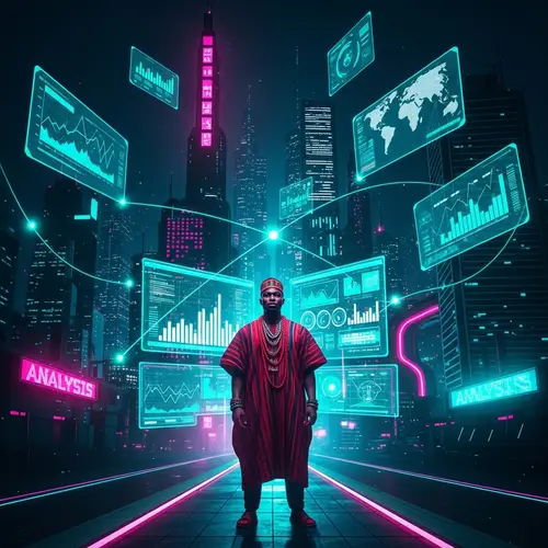 Futuristic Data Analysis in Cyberpunk Cityscape | Cultural Fusion
