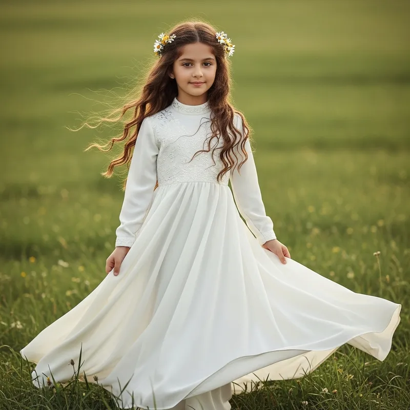 Beautiful Girl in Elegant White Dress | Green Meadow