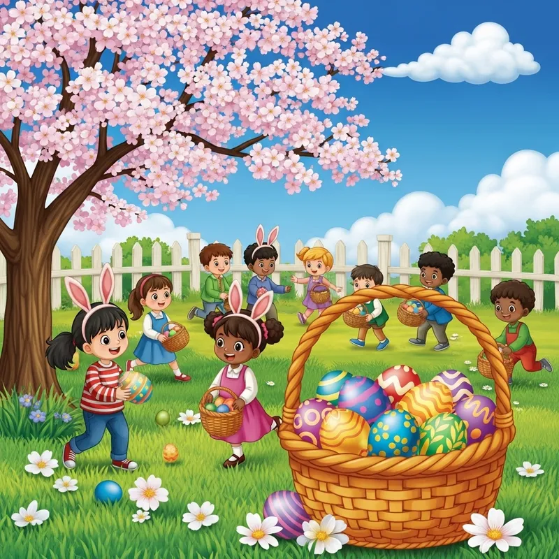 Ostern Egg Hunt: Children Celebrate Among Cherry Blossoms