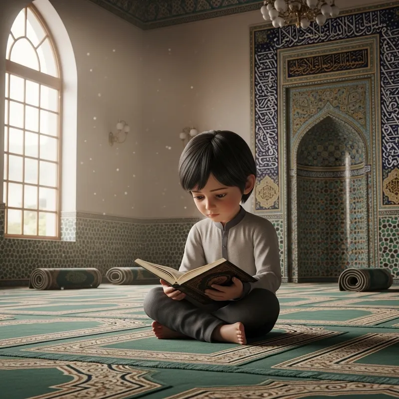 3D Elementary School Child Reading Quran in Mosque