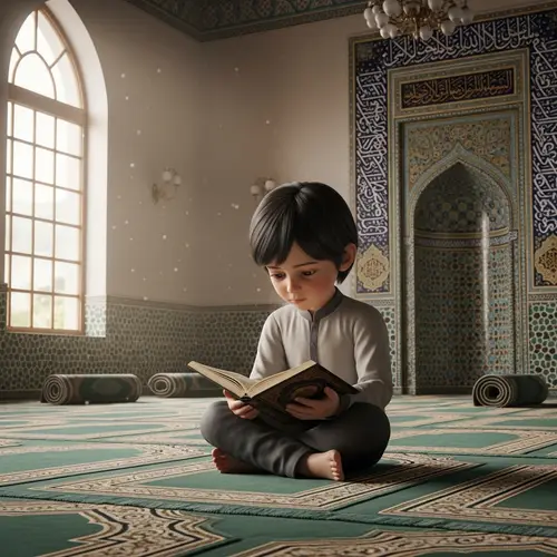 3D Elementary School Child Studying in Mosque with Quran