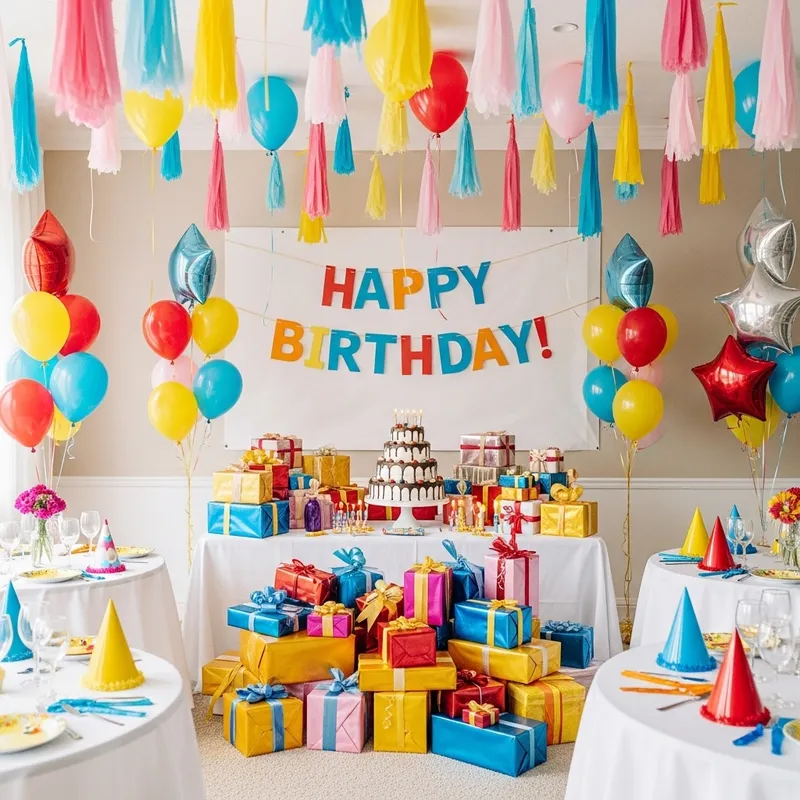 Colorful Birthday Celebration with Cake and Balloons - Happy Birthday Scene