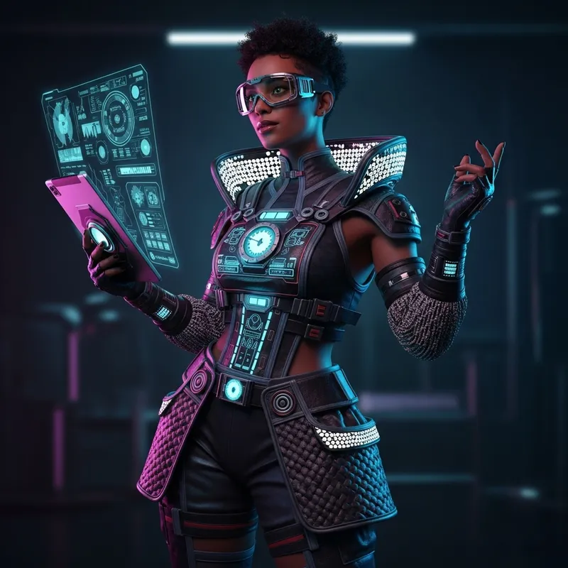 Futuristic Black Woman in Cyberpunk Scientist Outfit