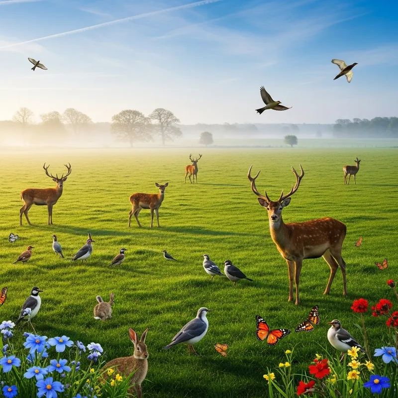 Peaceful Sunrise: Abundant Wildlife in Tranquil Countryside