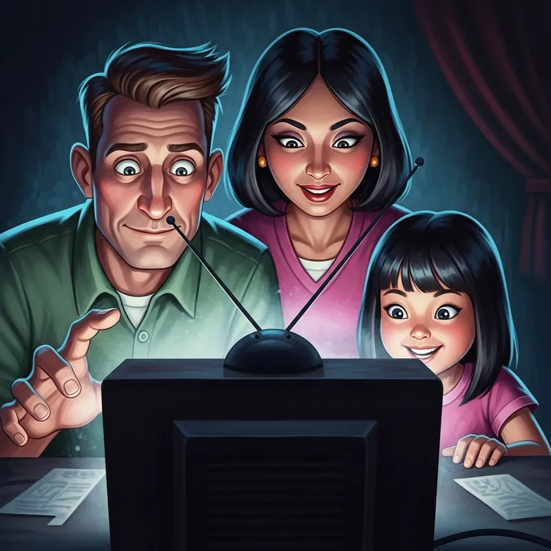 Spooky Halloween Cartoon Family by Vintage TV Set - Nostalgic Horror Scene