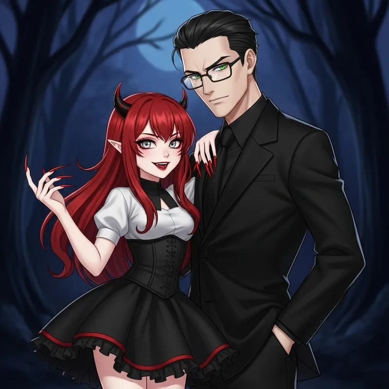 Fiery Demon and Stern Man in Night Forest | Fantasy Illustration