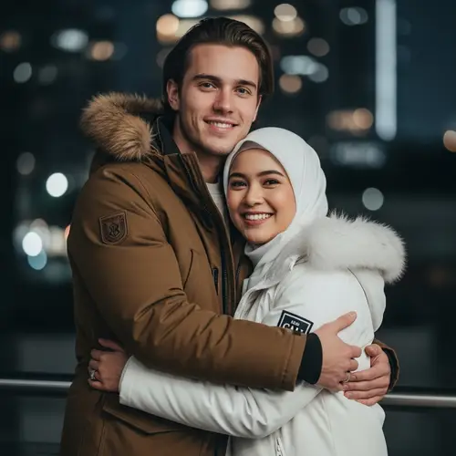 Professional Photography: Indonesian Couple Embracing in Urban City Night