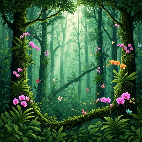 Lush Jungle Landscape with Vibrant Orchids and Butterflies