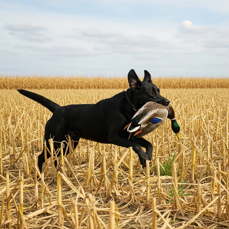Black Labrador Retrieving Mallard Duck in Cornfield Black Labrador Retrieving Mallard Duck in Cornfield