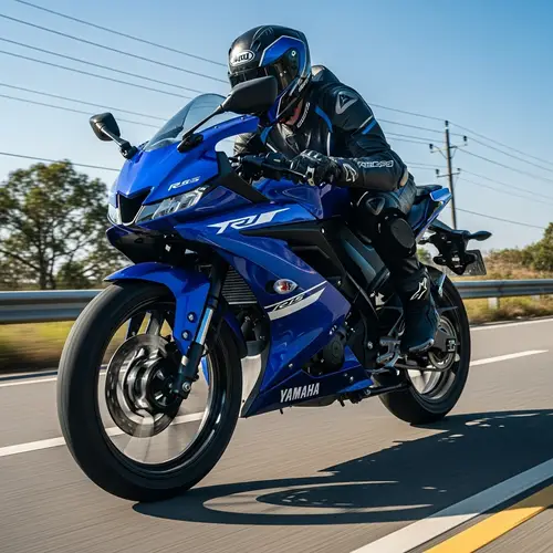 Vibrant Blue Yamaha R15 Motorcycle Racing Image