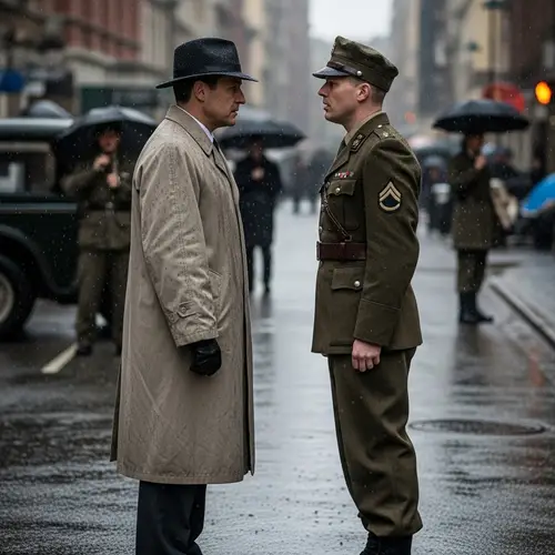 Tense Moment Between Detective and Soldier in Thriller Film