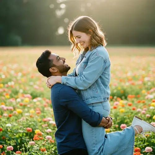 Romantic Flower Field Scene: Love and Joy Captured in Vintage Film Style