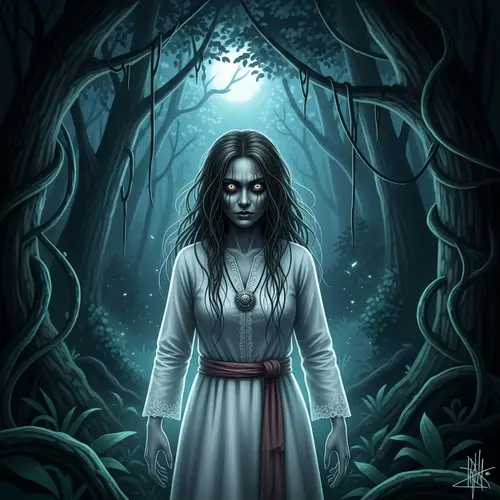 Malay Female Ghost Spirit in Moonlit Tropical Forest