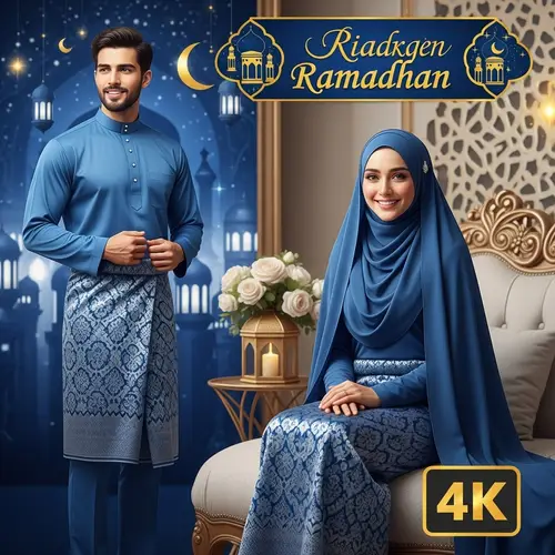 Festive 4K South Asian Couple in Royal Blue Baju Raya - Ramadhan Scene