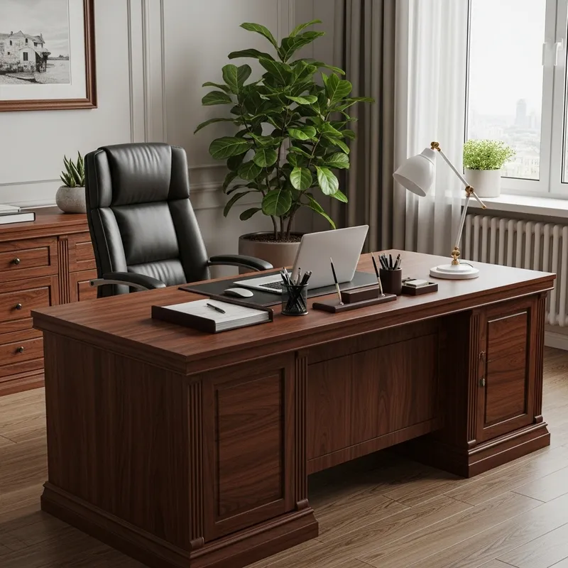 Professional Office Desk with Mahogany Wood | Plant Decor