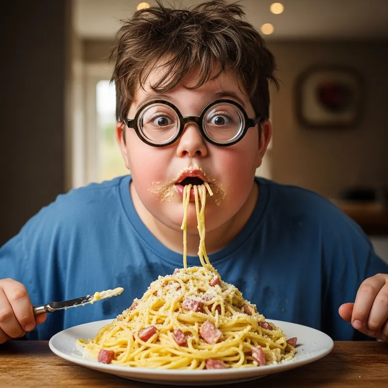 Chubby Boy with Nerd Glasses Enjoying Carbonara