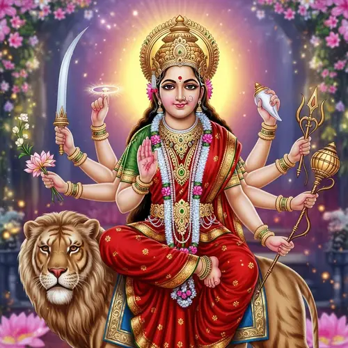 Hindu Goddess Durga: Divine Eight-Armed Deity on Lion/Tiger