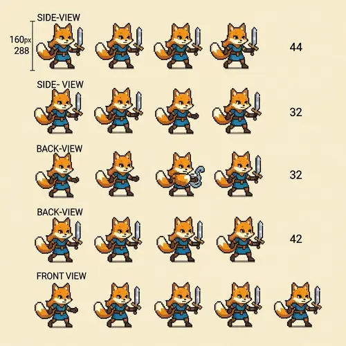 Pixel Art Sprite Sheet of Foxgirl for Dungeons and Dragons Style Character