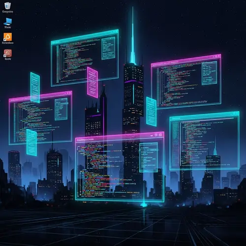 Futuristic Cyberpunk Linux OS Interface Digital Painting