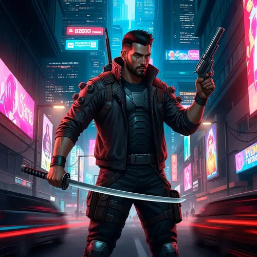 Hispanic Mercenary in Neon-Lit Cyberpunk City | Katana & Revolver