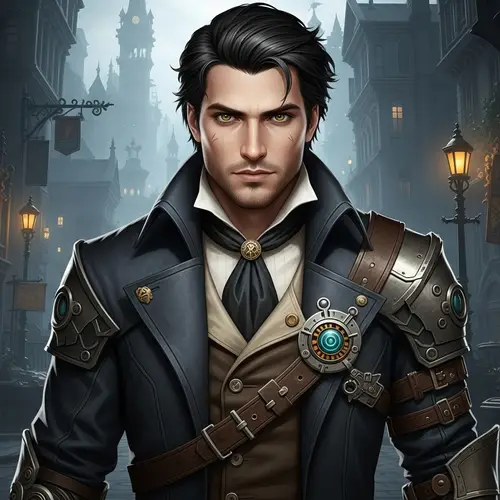 Roguish Character with Hazel-Green Eyes and Jet-Black Hair