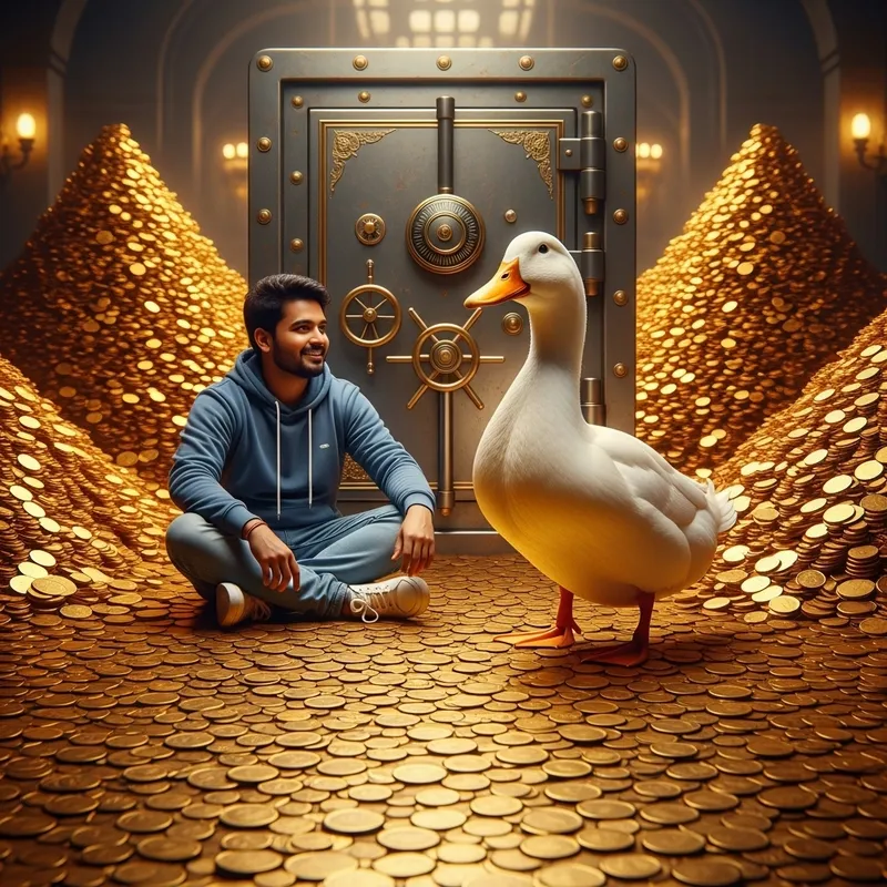 Indian Man Comfortably Surrounded by Golden Coins Indian Man Comfortably Surrounded by Golden Coins