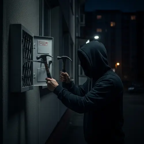 Dark Late-Night Scene with Hooded Intruder Breaking into Secured Box