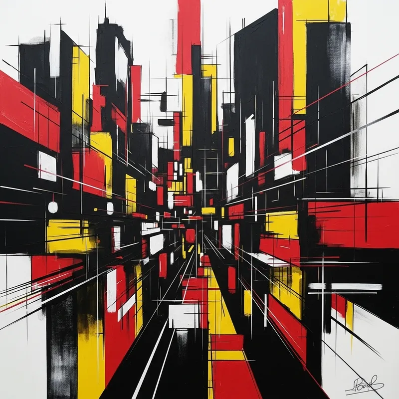 Vibrant City Energy: Abstract Geometric Art in Red, Yellow & Black