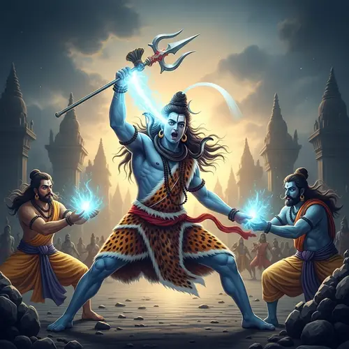 Mystical Hindu Deity Shiva Hurling Trident with Intense Will