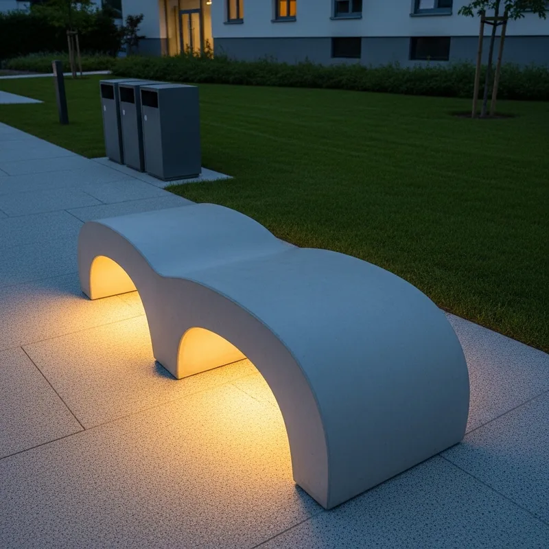 One-Piece Concrete Bench: Semicircle Design in Gray with Warm Illumination