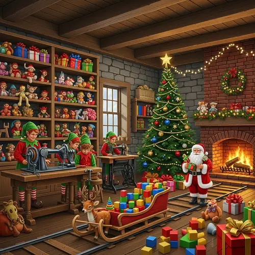 Majestic Toy Workshop Interior: Christmas Tree, Santa, and Elves