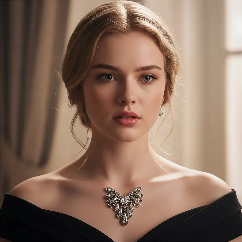 Stylish Blonde Woman in Off-Shoulder Dress and Statement Jewelry