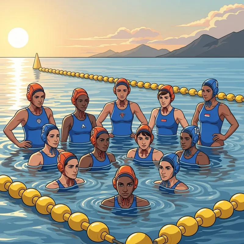 Diverse Women's Water Polo Match on Beach with Colorful Team