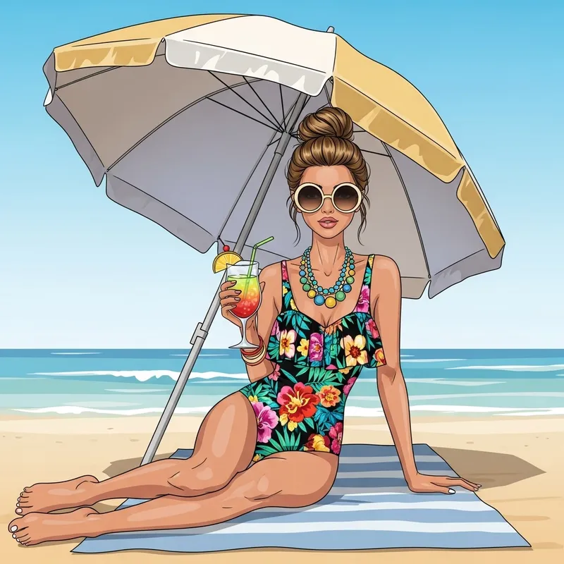 Girl Enjoying a Sunny Day at the Beach with Floral Swimsuit