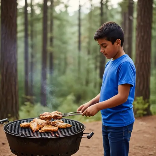 Young Hispanic Boy Grilling Chicken in Forest