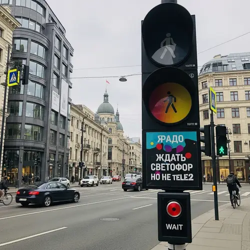 Urban Scene in City Center with Traffic Light and 'Wait' Button
