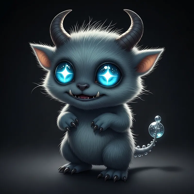 Cute Small Monster with Sparkling Eyes and Fluffy Hair