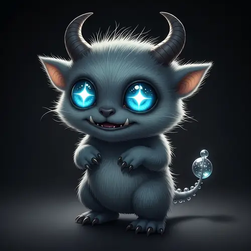 Adorable Small Monster with Bright Sparkling Eyes and Fluffy Hair