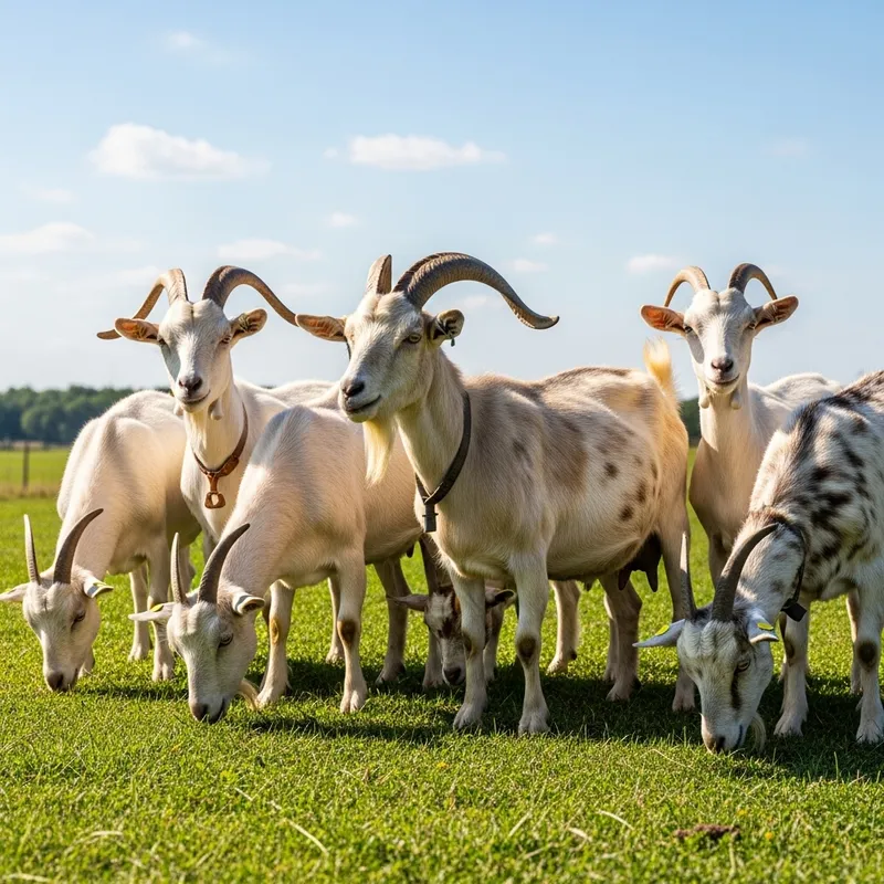 Male and Female Goats Grazing in Green Pasture