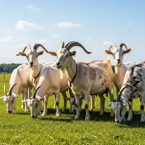 Beautiful Mix of Adult Male and Female Goats Grazing in Green Pasture