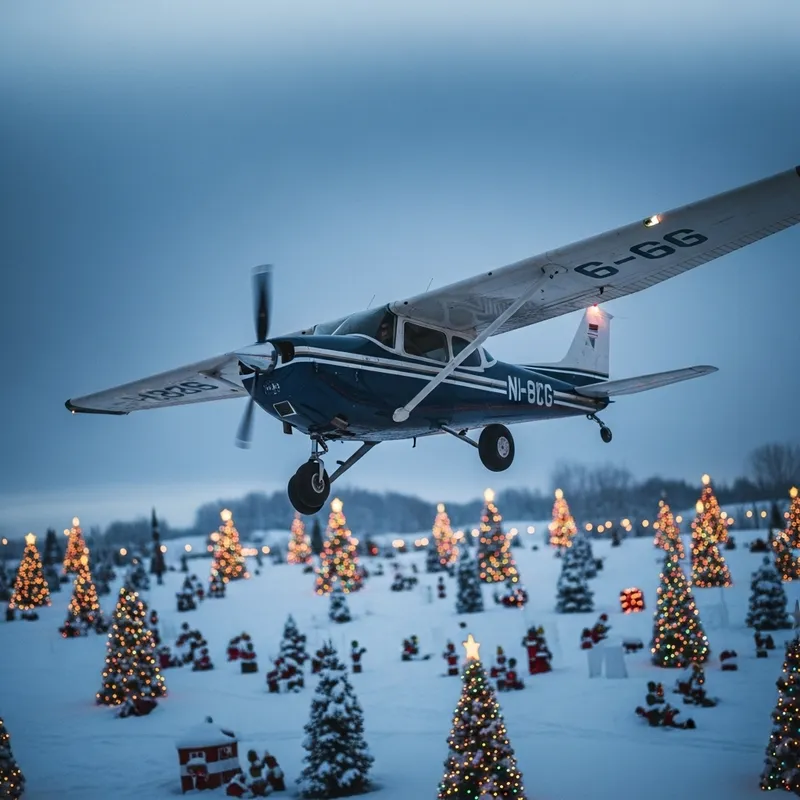 Vintage Cessna Plane Soaring Over Snowy Christmas Wonderland