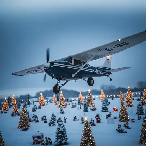 Vintage Cessna Airplane Flying Over Snow-Covered Christmas Scene