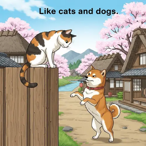 Cats and Dogs Illustration in Traditional Japanese Setting