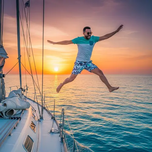 Middle-Eastern Man Leaping off Sailboat at Sunset