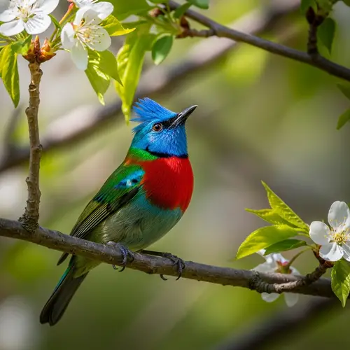 Vibrant Bird on Blossoming Tree | Tranquil Natural Beauty