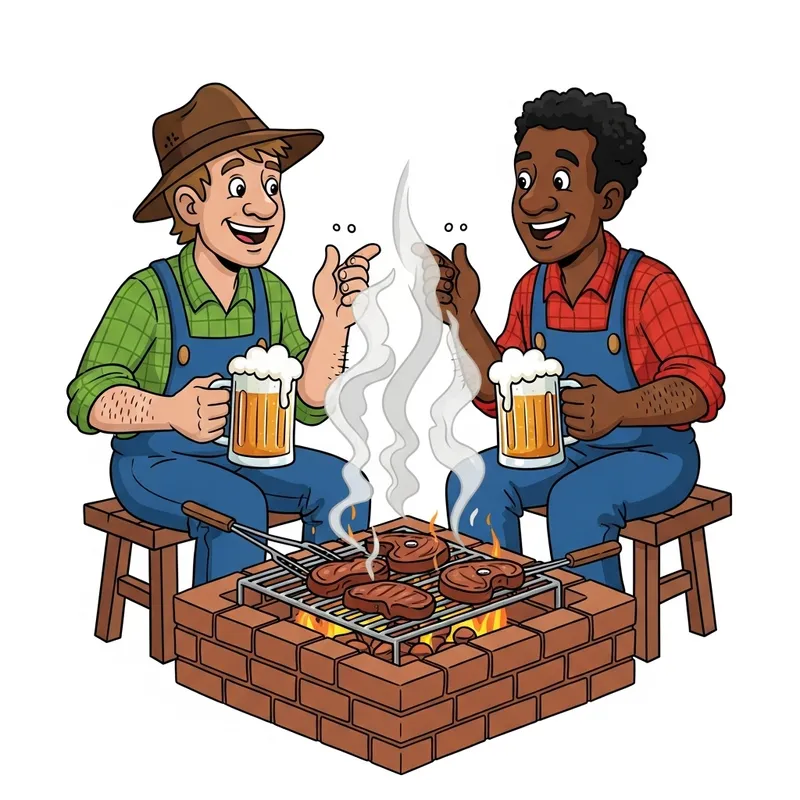 Cartoon Hillbillies Smoking Meat and Drinking Beer Outdoors Cartoon Hillbillies Smoking Meat and Drinking Beer Outdoors